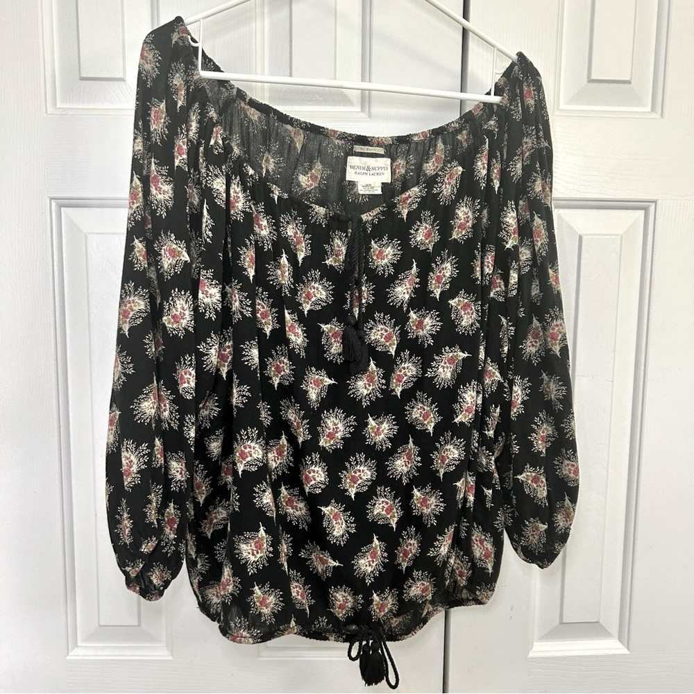 Ralph Lauren Denim & Supply Boho Black Tassel Tie Flowy Floral Paisley Top Sz M